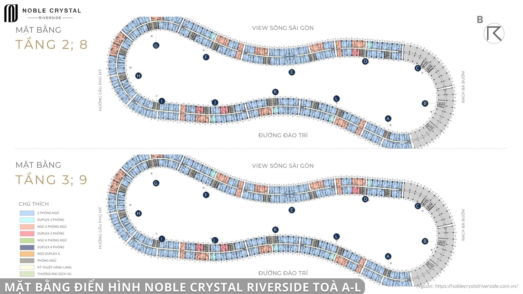 Mặt bằng điển hình Noble Crystal Riverside toà A-L tầng 2, 8 & tầng 3, 9