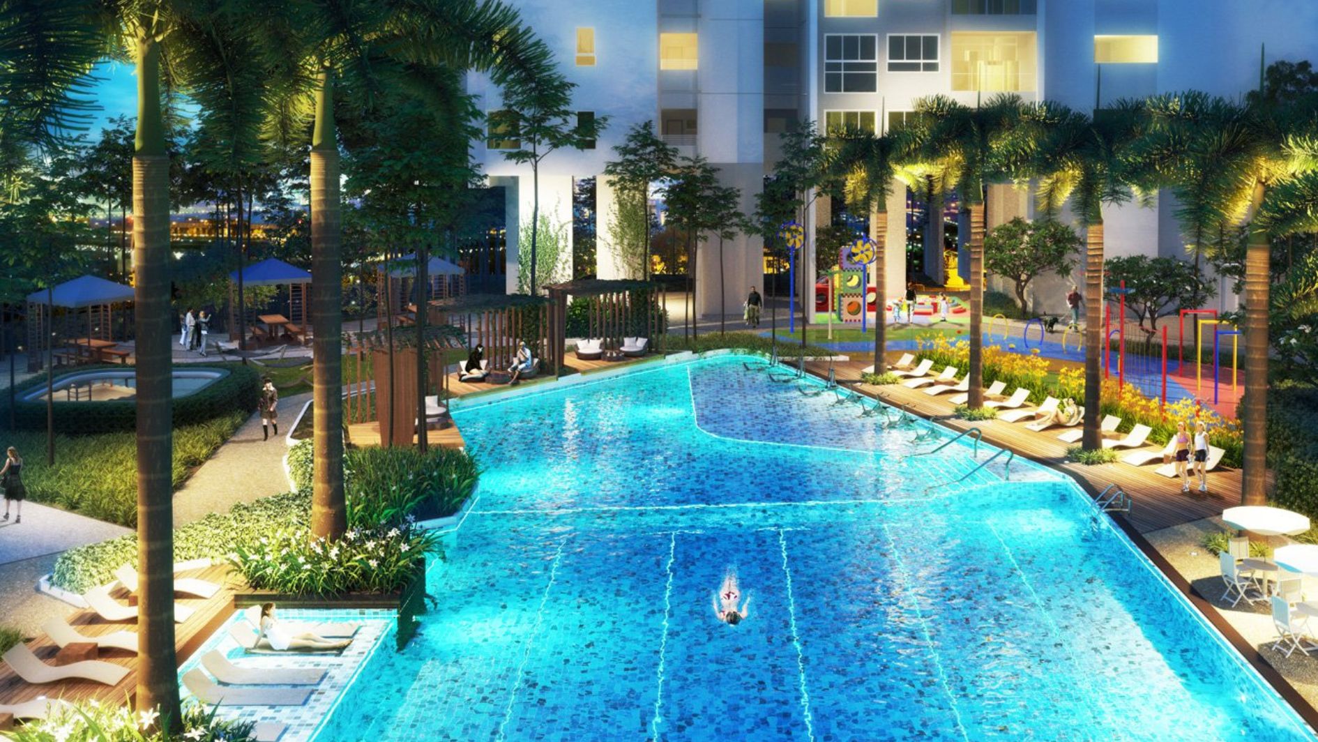 Phối cảnh hồ bơi tràn bờ hiện đại với tầm nhìn Panorama tại Sarene Residence & Commercial Complex