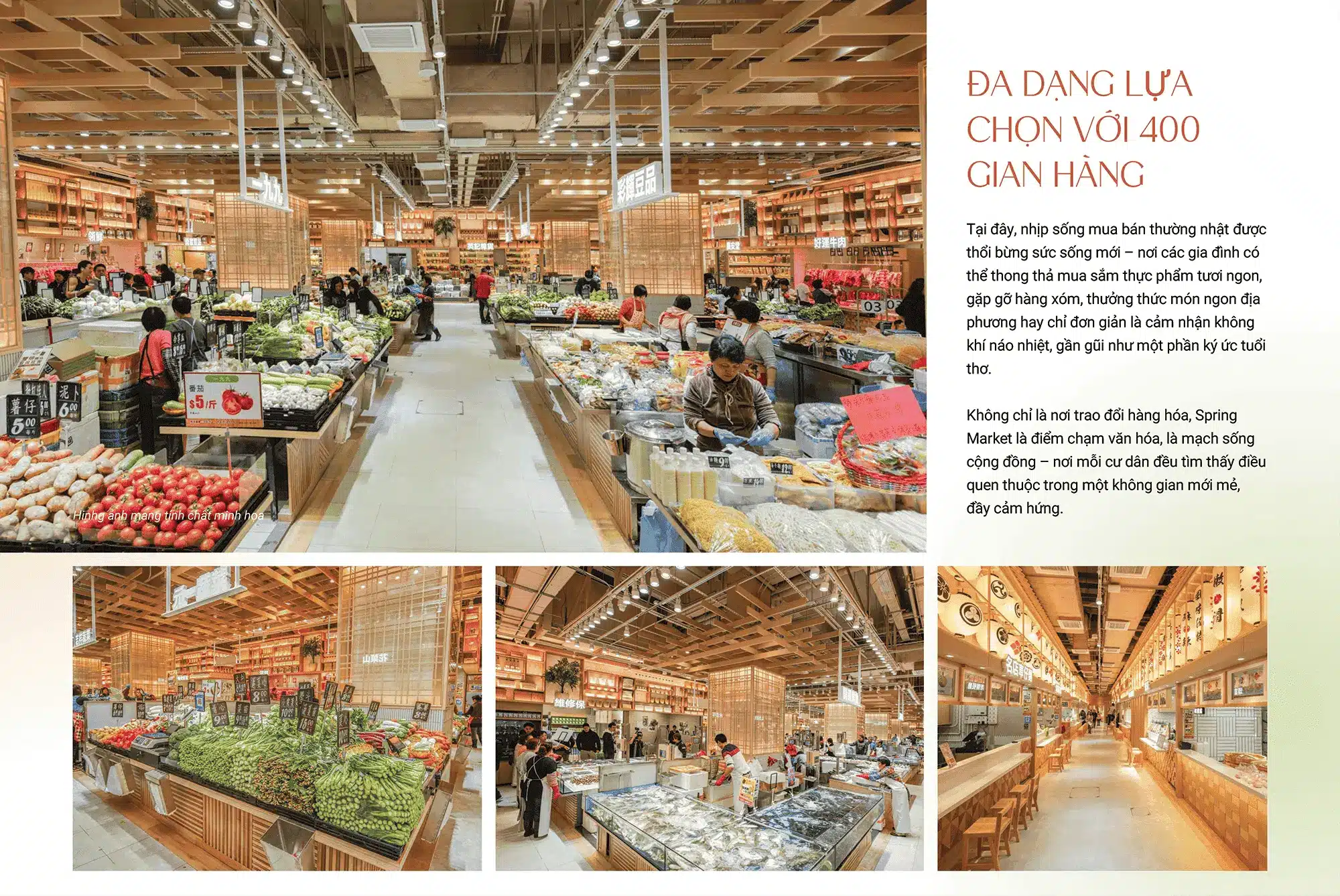 Bên trong Spring Market đa dạng lựa chọn với 400 gian hàng từ thực phẩm tươi sống đến ẩm thực địa phương. Không gian mua sắm sôi động, gần gũi