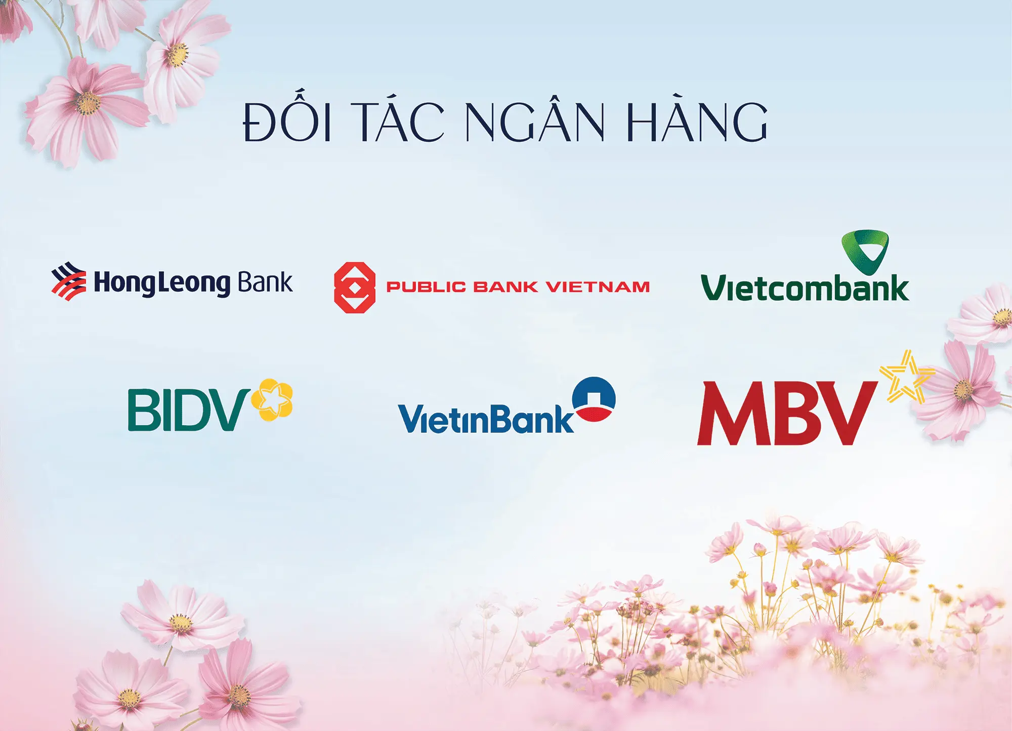 Đối tác ngân hàng uy tín: HongLeong Bank, Public Bank, Vietcombank, BIDV, VietinBank, MBV hỗ trợ vay vốn.
