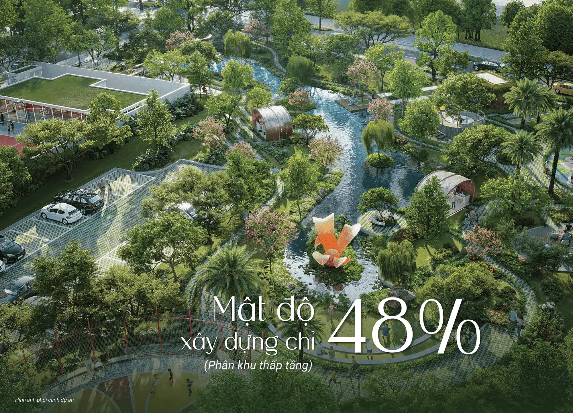 Mật độ xây dựng chỉ 48% – Tận hưởng 52% không gian cảnh quan xanh với sông suối, công viên và tiện ích resort.