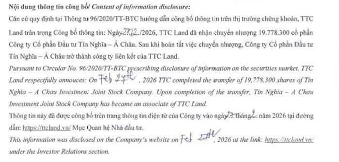 Nội dung thông báo của TTC Land về việc hoàn tất nhận chuyển nhượng gần 19,8 triệu cổ phiếu tại Công ty cổ phần Đầu tư Tín Nghĩa – Á Châu