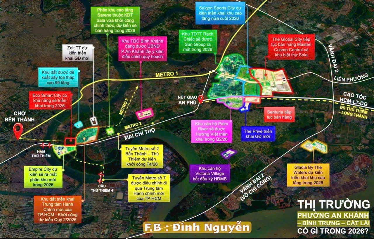 Toàn cảnh nguồn cung bất động sản An Khánh – Bình Trưng – Cát Lái với nhiều dự án cao tầng dự kiến triển khai trong giai đoạn 2026.