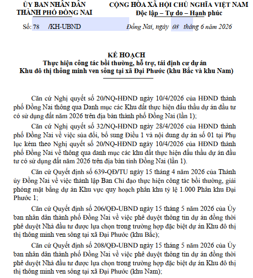 Chi tiết kế hoạch bồi thường, tái định cư dự án Khu đô thị thông minh ven sông lớn nhất Đồng Nai 2 UBND TP. Đồng Nai đã chính thức ban hành Kế hoạch số 78/KH-UBND về thực hiện công tác bồi thường, hỗ trợ, tái định cư dự án Khu đô thị thông minh ven sông tại xã Đại Phước (khu Bắc và khu Nam).
